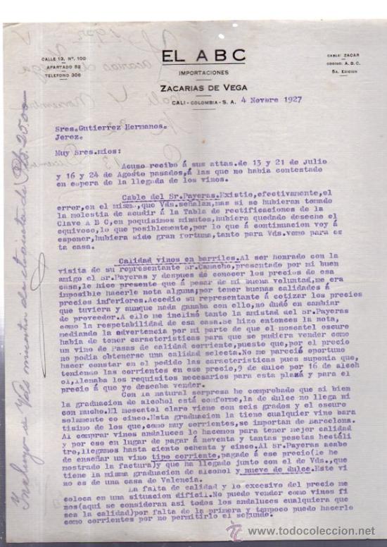 Cartas comerciales: CARTA COMERCIAL. ZACARIAS DE VEGA. CALI. COLOMBIA. EL ABC. IMPORTACIONES. 1927.