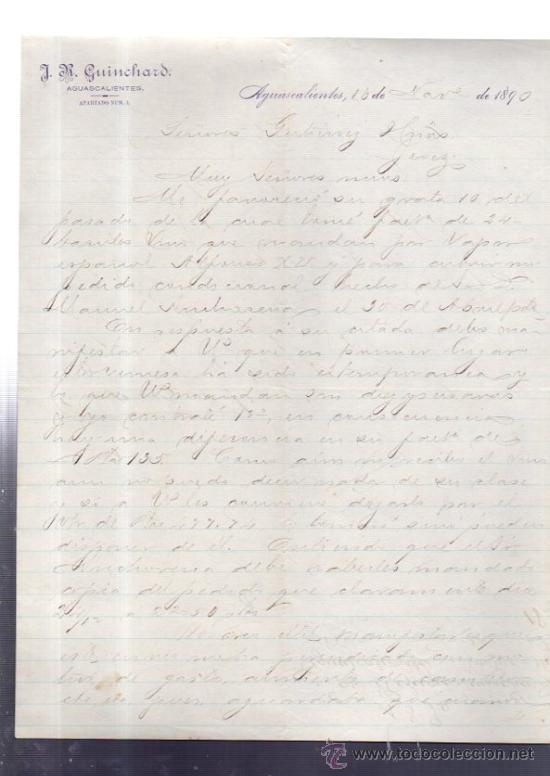 Cartas comerciales: CARTA COMERCIAL. AGUASCALIENTES. MEXICO. J. R. GUINCHARD. 1890.