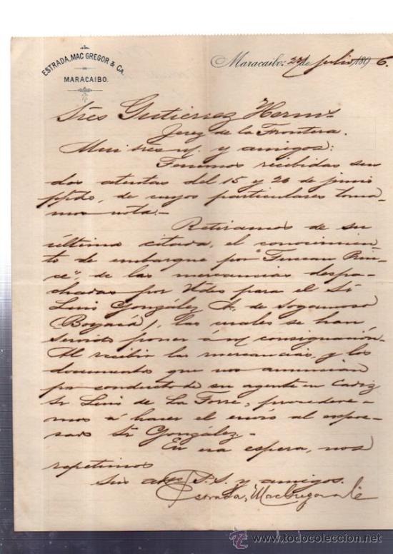 Lettres commerciales: CARTA COMERCIAL.MARACAIBO. VENEZUELA. ESTRADA, MAC GREGOR & CA. 1896.