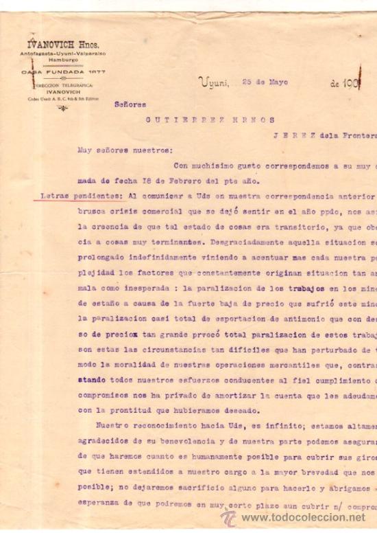 Cartas comerciales: CARTA COMERCIAL. UYUNI. BOLIVIA. IVANOVICH HNOS. DOS HOJAS. 1908.