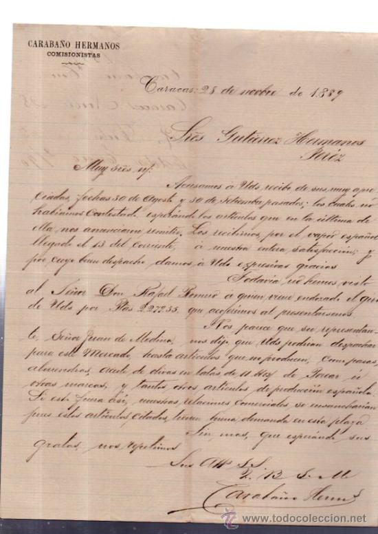 Cartas comerciales: CARTA COMERCIAL. CARACAS. VENEZUELA. CARABA&Ntilde;O HERMANOS. COMISIONISTAS. 1889.