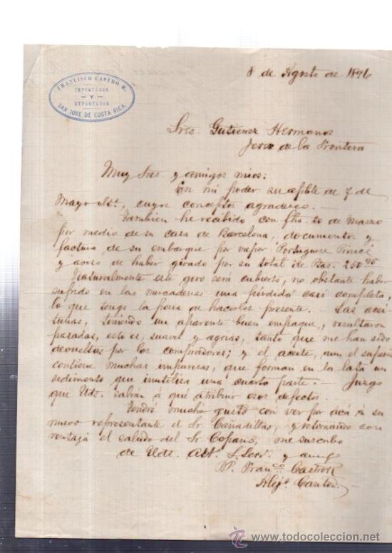 Cartas comerciales: CARTA COMERCIAL. SAN JOSE. COSTA RICA. FRANCISCO CASTRO R. IMPORTADOR. 1896.