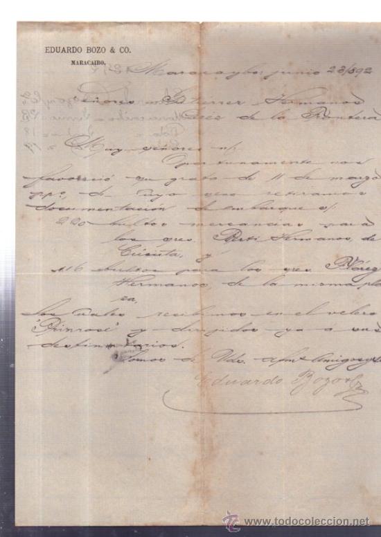 Cartas comerciales: CARTA COMERCIAL. MARACAIBO. VENEZUELA. EDUARDO BOZO & CO. 1892.