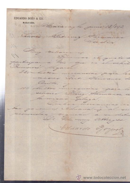 Cartas comerciales: CARTA COMERCIAL. MARACAIBO. VENEZUELA. EDUARDO BOZO & CO. 1892.