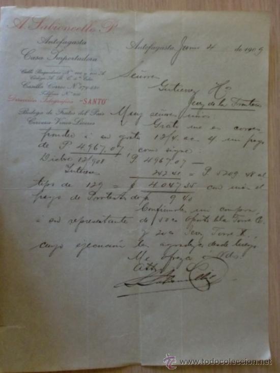 Cartas comerciales: CARTA COMERCIAL. CHILE, ANTOFAGASTA. JUNIO 1909. A. SABIONCELLO P. CASA IMPORTADORA.