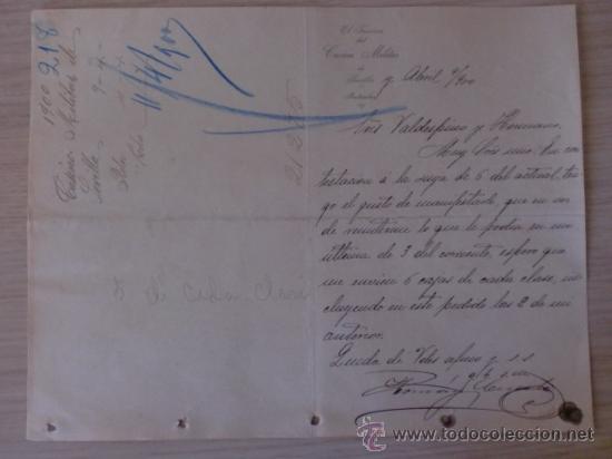 Lettres commerciales: CARTA COMERCIAL. SEVILLA. ABRIL 1900. EL TESORERO DEL CASINO MILITAR DE SEVILLA.