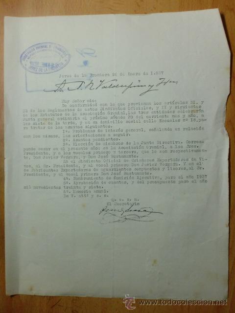 Lettres commerciales: CARTA COMERCIAL. CADIZ. JEREZ. ENERO 1937. SINDICATO OFICIAL DE CRIADORES EXPORTADORES DE VINOS.
