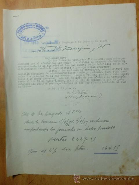 Lettres commerciales: CARTA COMERCIAL. CADIZ. JEREZ. FEBRERO 1937. SINDICATO OFICIAL DE CRIADORES EXPORTADORES DE VINOS.