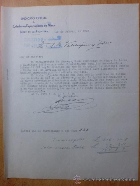 Gesch&auml;ftsbriefe: CARTA COMERCIAL. CADIZ. JEREZ. FEBRERO 1937. SINDICATO OFICIAL DE CRIADORES EXPORTADORES DE VINOS.