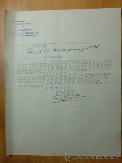 Commercial Letters: CARTA COMERCIAL. CADIZ. JEREZ. MARZO 1937. SINDICATO OFICIAL DE CRIADORES EXPORTADORES DE VINOS.
