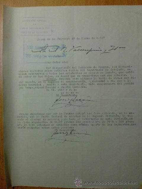 Commercial Letters: CARTA COMERCIAL. CADIZ. JEREZ. MARZO 1937. SINDICATO OFICIAL DE CRIADORES EXPORTADORES DE VINOS.