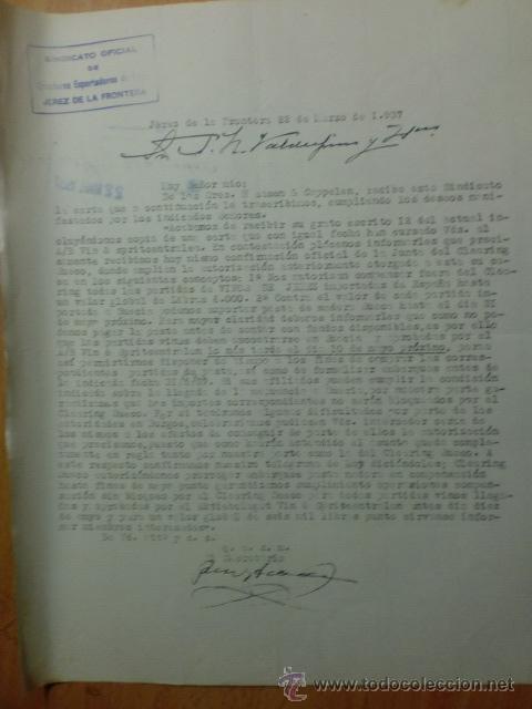 Commercial Letters: CARTA COMERCIAL. CADIZ. JEREZ. FEBRERO 1937. SINDICATO OFICIAL DE CRIADORES EXPORTADORES DE VINOS.