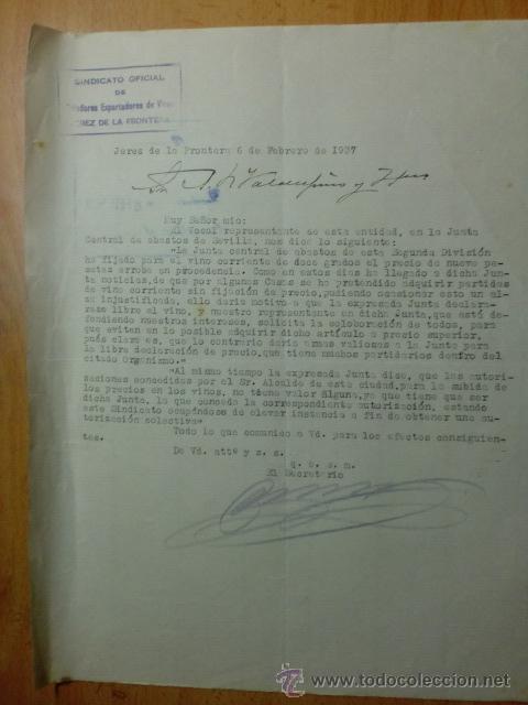 Commercial Letters: CARTA COMERCIAL. CADIZ. JEREZ. MARZO 1937. SINDICATO OFICIAL DE CRIADORES EXPORTADORES DE VINOS.