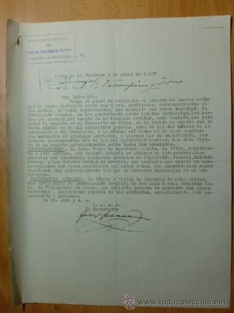 Commercial Letters: CARTA COMERCIAL. CADIZ. JEREZ. ABRIL 1937. SINDICATO OFICIAL DE CRIADORES EXPORTADORES DE VINOS.