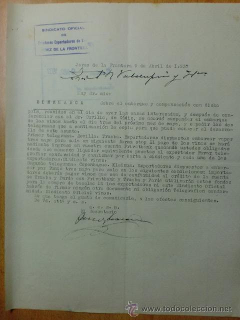 Commercial Letters: CARTA COMERCIAL. CADIZ. JEREZ. ABRIL 1937. SINDICATO OFICIAL DE CRIADORES EXPORTADORES DE VINOS.