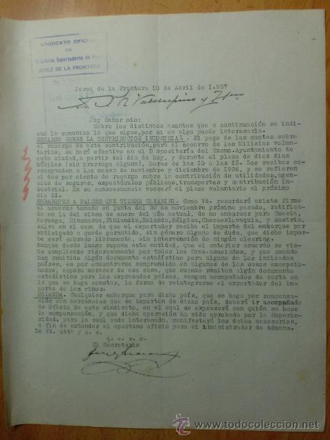 Commercial Letters: CARTA COMERCIAL. CADIZ. JEREZ. ABRIL 1937. SINDICATO OFICIAL DE CRIADORES EXPORTADORES DE VINOS.