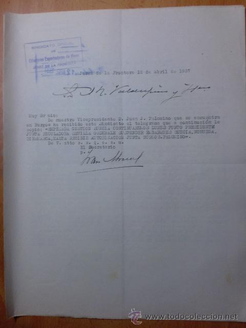 Commercial Letters: CARTA COMERCIAL. CADIZ. JEREZ. ABRIL 1937. SINDICATO OFICIAL DE CRIADORES EXPORTADORES DE VINOS.