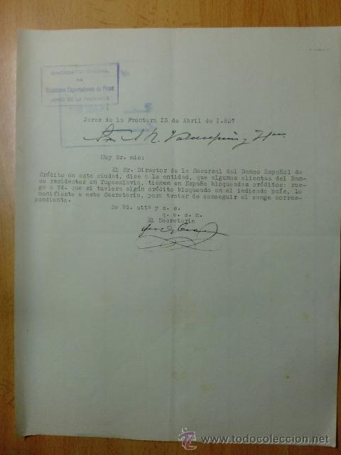Commercial Letters: CARTA COMERCIAL. CADIZ. JEREZ. ABRIL 1937. SINDICATO OFICIAL DE CRIADORES EXPORTADORES DE VINOS.