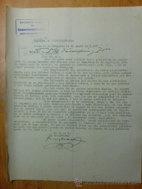 Commercial Letters: CARTA COMERCIAL. CADIZ. JEREZ. ABRIL 1937. SINDICATO OFICIAL DE CRIADORES EXPORTADORES DE VINOS.