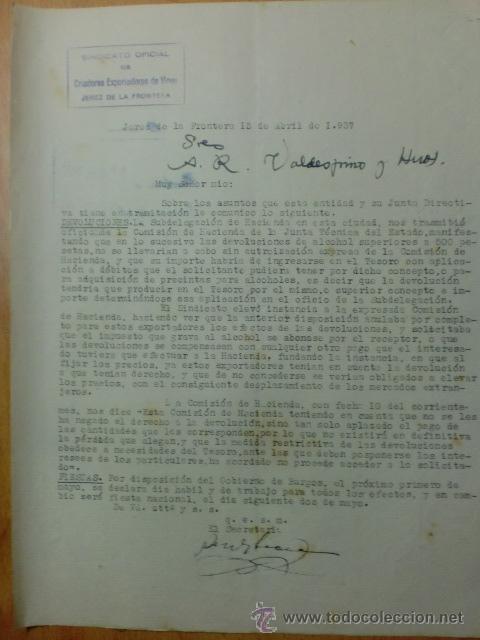 Commercial Letters: CARTA COMERCIAL. CADIZ. JEREZ. ABRIL 1937. SINDICATO OFICIAL DE CRIADORES EXPORTADORES DE VINOS.