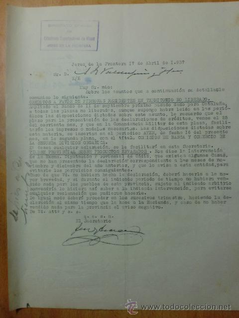 Commercial Letters: CARTA COMERCIAL. CADIZ. JEREZ. ABRIL 1937. SINDICATO OFICIAL DE CRIADORES EXPORTADORES DE VINOS.