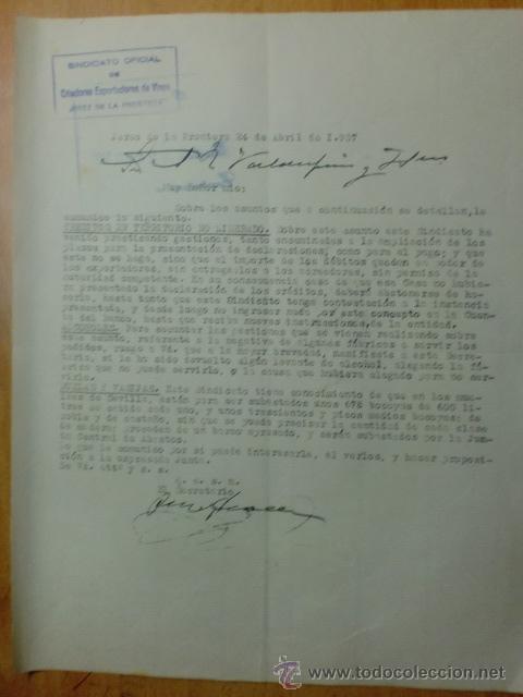 Commercial Letters: CARTA COMERCIAL. CADIZ. JEREZ. ABRIL 1937. SINDICATO OFICIAL DE CRIADORES EXPORTADORES DE VINOS.