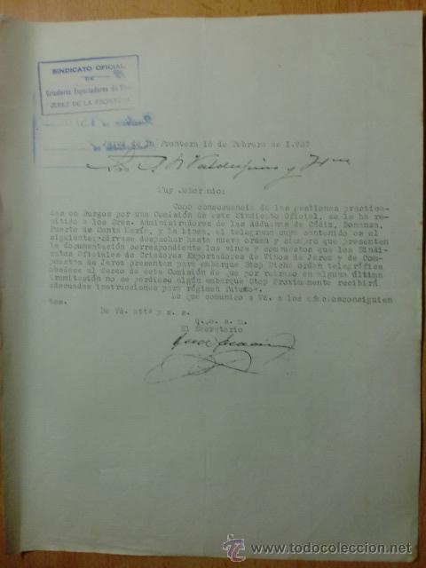 Commercial Letters: CARTA COMERCIAL. CADIZ. JEREZ. FEBRERO 1937. SINDICATO OFICIAL DE CRIADORES EXPORTADORES DE VINOS.