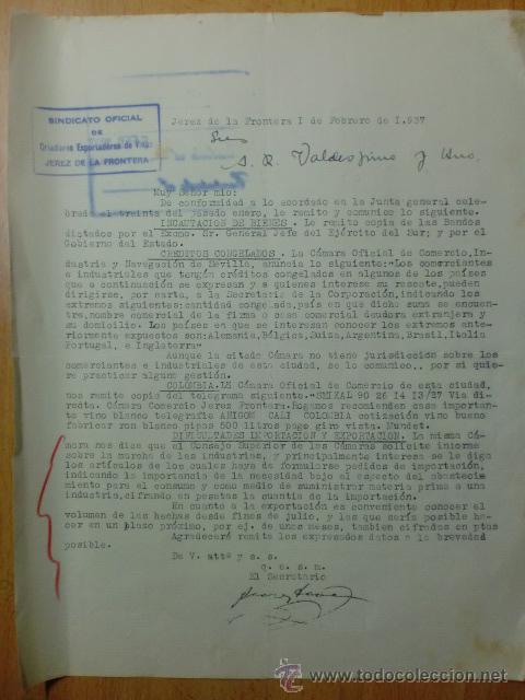 Commercial Letters: CARTA COMERCIAL. CADIZ. JEREZ. FEBRERO 1937. SINDICATO OFICIAL DE CRIADORES EXPORTADORES DE VINOS.