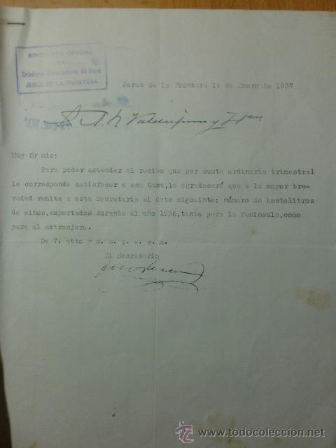 Commercial Letters: CARTA COMERCIAL. CADIZ. JEREZ. ENERO 1937. SINDICATO OFICIAL DE CRIADORES EXPORTADORES DE VINOS.