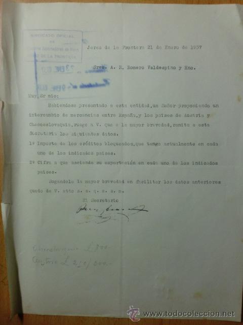 Commercial Letters: CARTA COMERCIAL. CADIZ. JEREZ. ENERO 1937. SINDICATO OFICIAL DE CRIADORES EXPORTADORES DE VINOS.