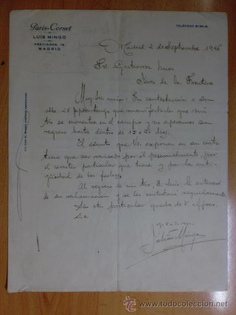 Commercial Letters: CARTA COMERCIAL. MADRID. SEPTIEMBRE 1926. LUIS MINGO. PARIS-CORSET.