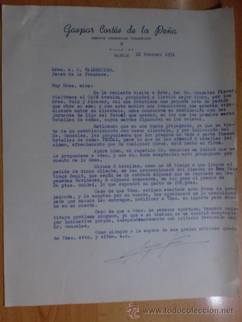 Cartas comerciales: CARTA COMERCIAL. MURCIA. FEBRERO 1951. GASPAR CORTES DE LA PE&Ntilde;A. AGENTE COMERCIAL COLEGIADO.