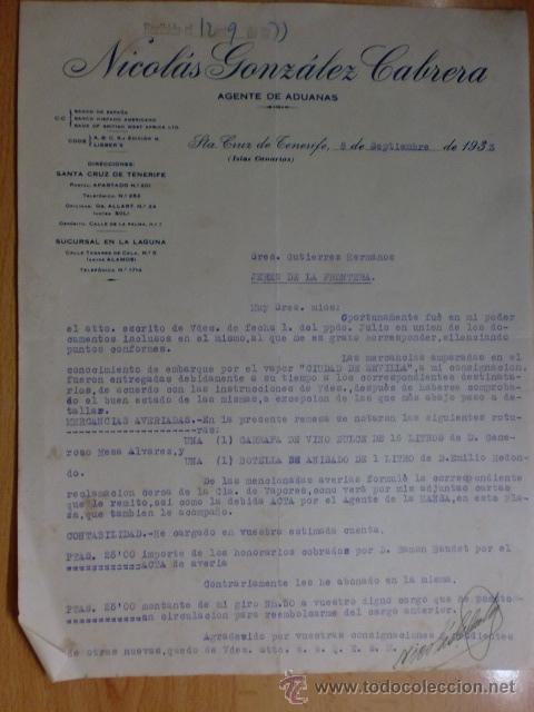Cartas comerciales: CARTA COMERCIAL. STA. CRUZ DE TENERIFE. SEPTIEMBRE 1933. NICOLAS GONZALEZ CABRERA. AGENTE DE ADUANAS