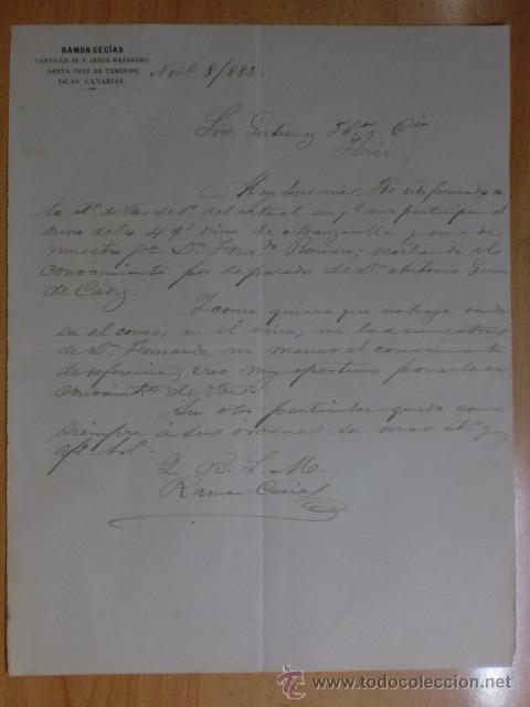 Cartas comerciales: CARTA COMERCIAL. STA. CRUZ DE TENERIFE. AGOSTO 1883. RAMON CECIAS.
