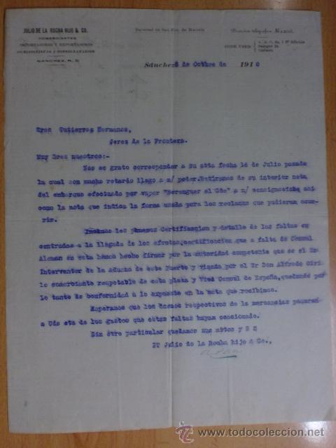 Cartas comerciales: CARTA COMERCIAL. SANCHEZ. OCTUBRE 1910. JULIO DE LA ROCHA HIJO Y CO. IMPORTADORES EXPORTADORES.