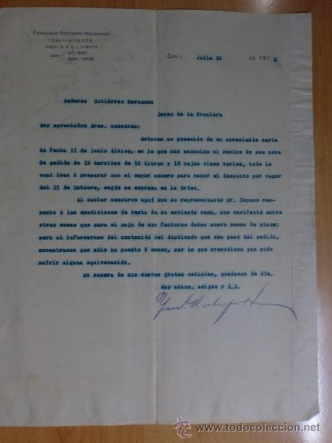 Cartas comerciales: CARTA COMERCIAL. COLOMBIA, CALI. JULIO 1910. FRANCISCO RESTREPO HERMANOS.