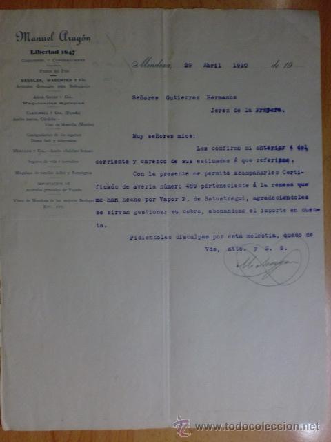 Cartas comerciales: CARTA COMERCIAL. ARGENTINA, MENDOZA. ABRIL 1910. MANUEL ARAGON. COMISIONES.