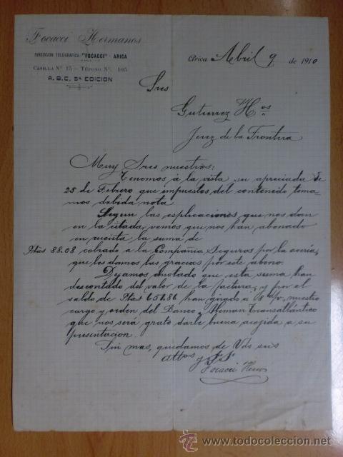 Cartas comerciales: CARTA COMERCIAL. CHILE, ARICA. ABRIL 1910. FOCCACI HERMANOS.