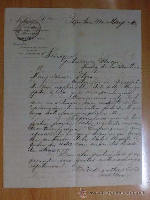 Cartas comerciales: CARTA COMERCIAL. PERU, IQUITOS. MAYO 1910. CARLOS KLUG Y CIA. IMPORTADORES - EXPORTADORES.