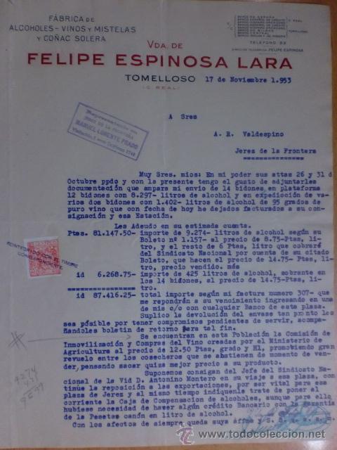 Cartas comerciales: CARTA COMERCIAL. TOMELLOSO. NOVIEMBRE 1953. VDA. DE FELIPE ESPINOSA LARA. FABRICA DE ALCOHOLES.