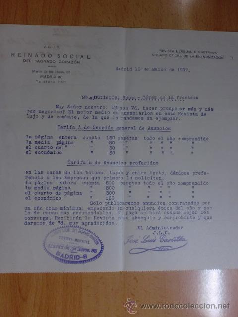 Cartas comerciales: CARTA COMERCIAL. MADRID. MARZO 1927. REINADO SOCIAL DEL SAGRADO CORAZON. REVISTA MENSUAL ILUSTRADA.