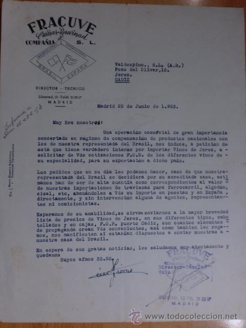Cartas comerciales: CARTA COMERCIAL. MADRID. JUNIO 1953. FRACUVE COMPA&Ntilde;IA S. L. IMPORTACIONES, EXPORTACIONES.