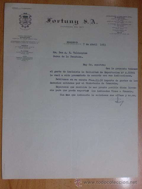 Cartas comerciales: CARTA COMERCIAL. MADRID. ABRIL 1953. FORTUNY S. A. MARCA REGISTRADA.