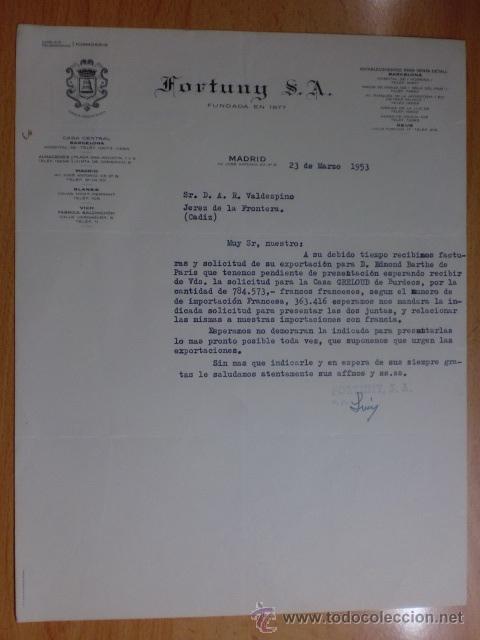 Cartas comerciales: CARTA COMERCIAL. MADRID. MARZO 1953. FORTUNY S. A. MARCA REGISTRADA.
