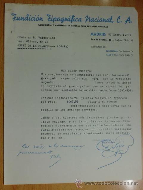 Cartas comerciales: CARTA COMERCIAL. MADRID. ENERO 1953. FUNDICION TIPOGRAFICA NACIONAL, C. A. MAQUINARIA EN GENERAL.