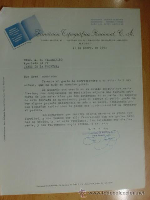 Cartas comerciales: CARTA COMERCIAL. MADRID. ENERO 1953. FUNDICION TIPOGRAFICA NACIONAL, C. A. MAQUINARIA EN GENERAL.