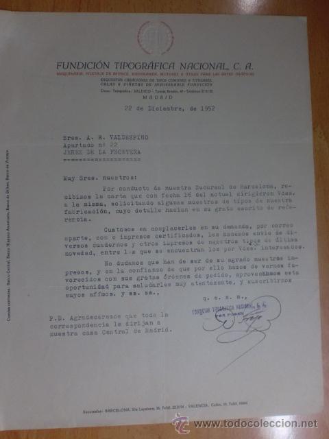 Cartas comerciales: CARTA COMERCIAL. MADRID. DICIEMBRE 1952. FUNDICION TIPOGRAFICA NACIONAL, C. A. MAQUINARIA EN GENERAL