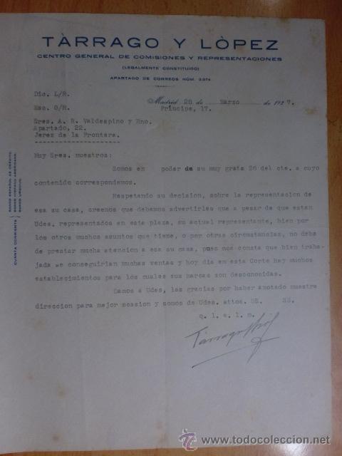 Cartas comerciales: CARTA COMERCIAL. MADRID. MARZO 1927. TARRAGO Y LOPEZ. CENTRO GERAL. DE COMISIONES Y REPRESENTACIONES