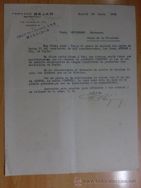 Cartas comerciales: CARTA COMERCIAL. MADRID. JUNIO 1926. FERNANDO BEJAR. REPRESENTANTE.