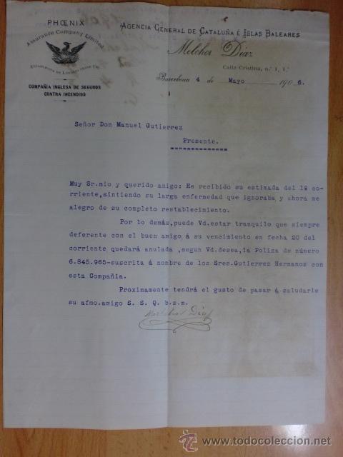 Cartas comerciales: CARTA COMERCIAL. BARCELONA. MAYO 1906. MELCHOR DIAZ. PHOENIX. COMPA&Ntilde;IA INGLESA DE SEGUROS.